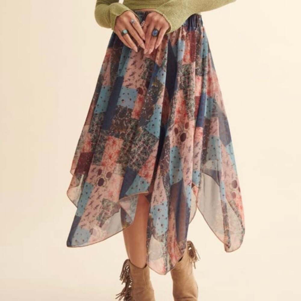 Earthbound Patchwork Handkerchief Hem Midi Skirt Festival Boho Fairy L